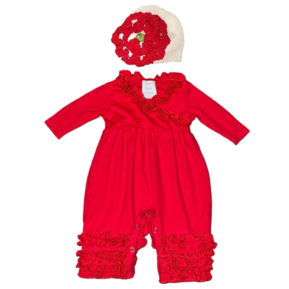 0-3 Lemon Loves Layette Baby Girls Red Ruffle Romper & Crochet Knit Flower Hat